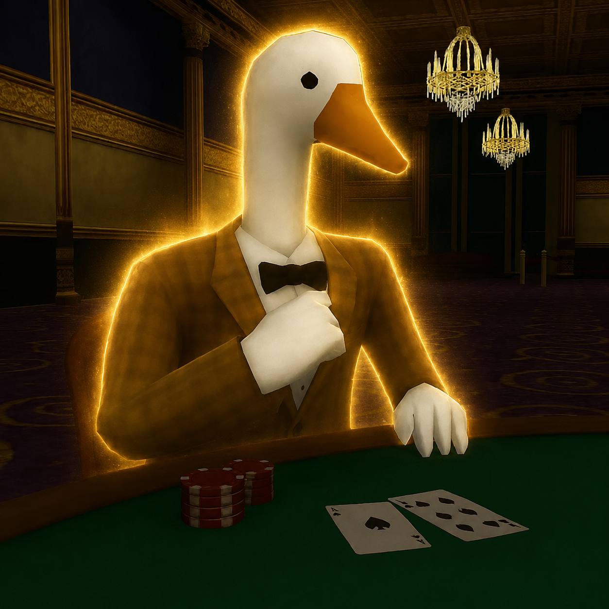 The $GAMBLE duck in his brown tuxedo at the casino table
